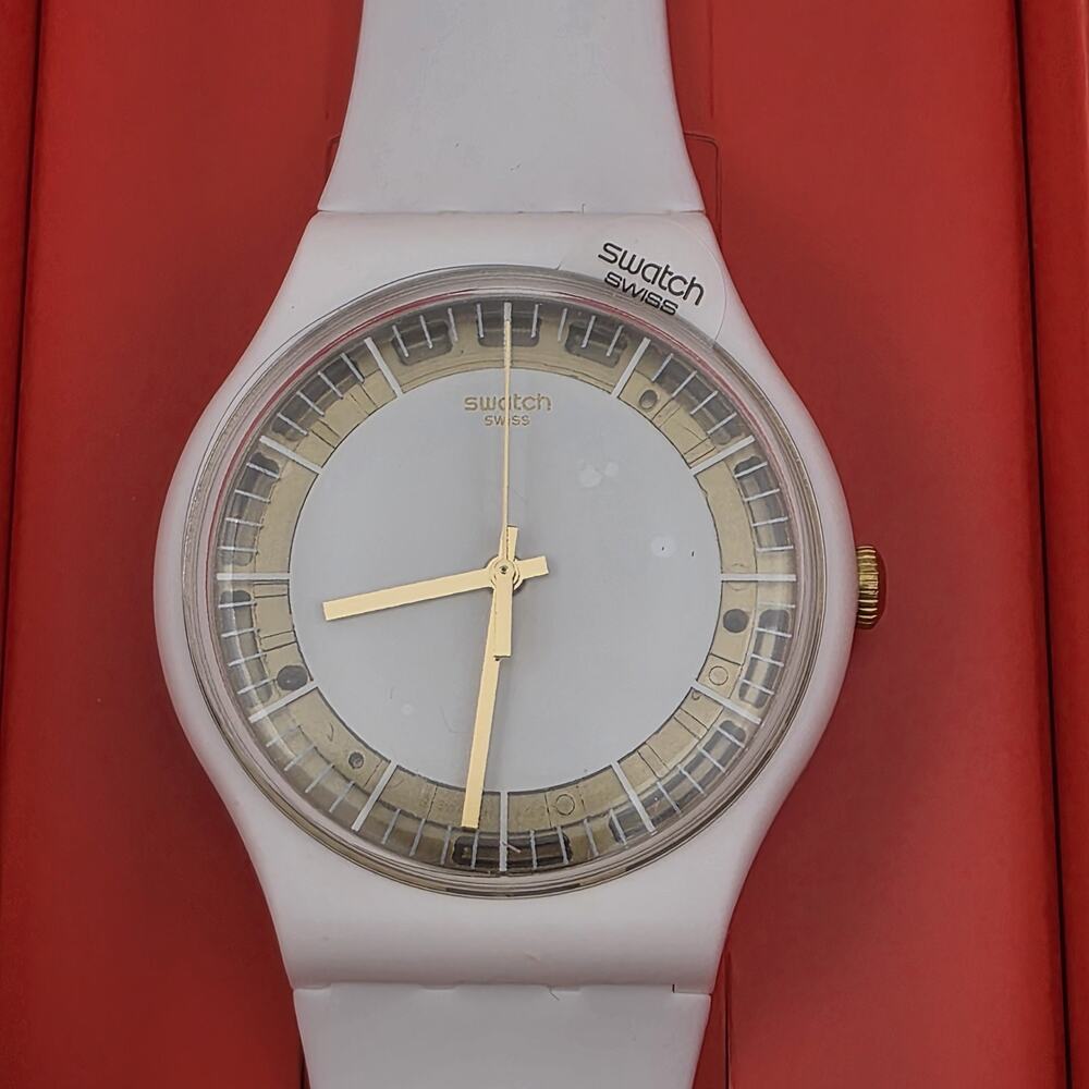New Limited Swiss Swatch SILIWHITE SUOW158 White Gold 41mm Silicone Watch NIB